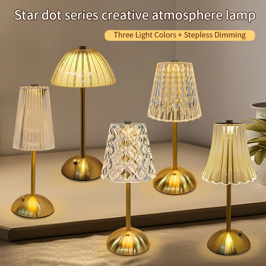 Rechargeable Touch Night Light 3 Colors Dimmable Artificial Crystal Lamp Portable Table Lamp for Bedroom Living Room Restaurant