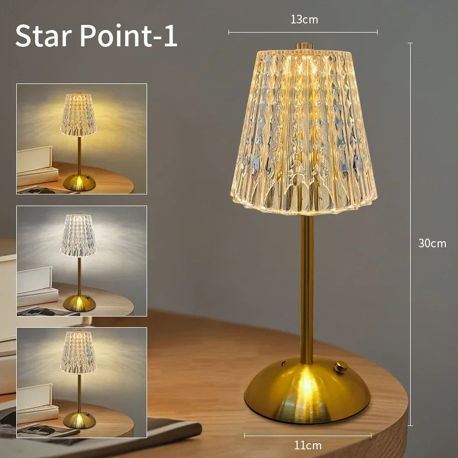 Rechargeable Touch Night Light 3 Colors Dimmable Artificial Crystal Lamp Portable Table Lamp for Bedroom Living Room Restaurant