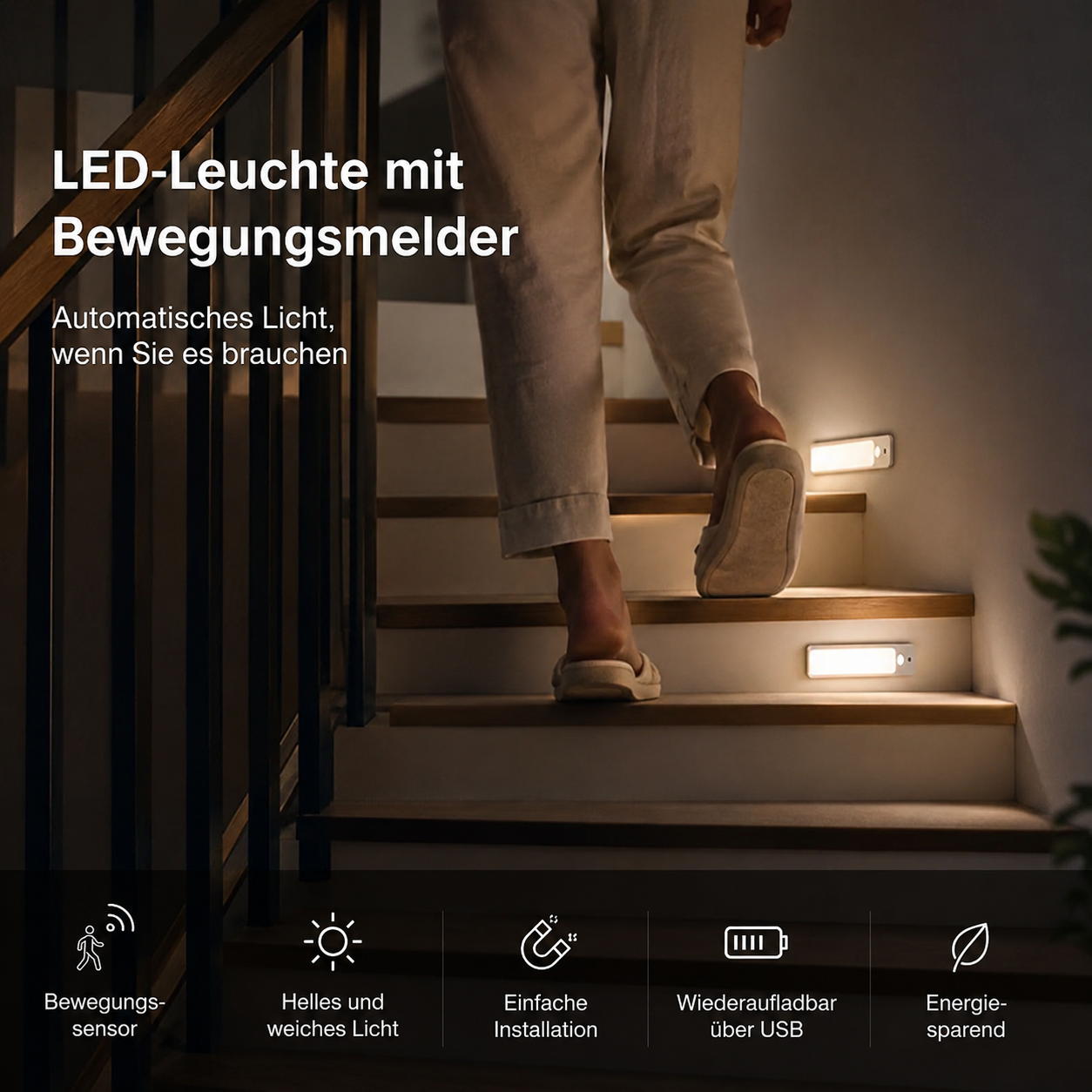 Kabellose LED-Leuchte mit Bewegungssensor, USB-aufladbar, ideal für Schränke, Küche und automatische Nachtbeleuchtung.