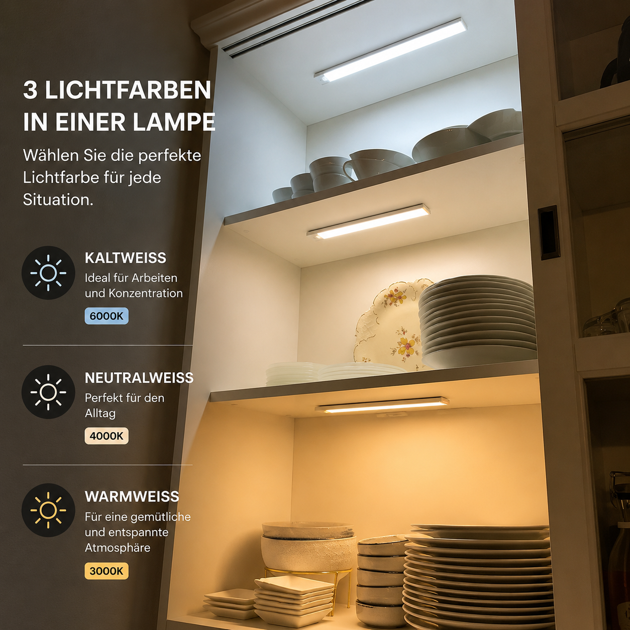 Kabellose LED-Leuchte mit Bewegungssensor, USB-aufladbar, ideal für Schränke, Küche und automatische Nachtbeleuchtung.