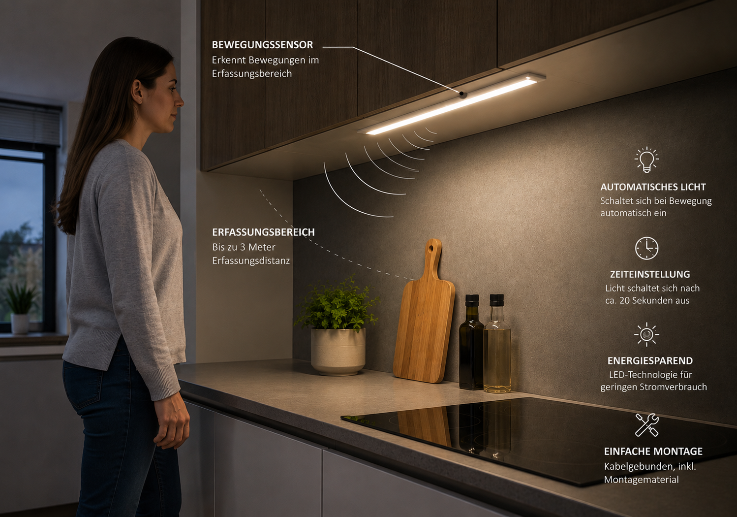 Wiederaufladbare kabellose LED-Leuchte mit Bewegungsmelder für Zuhause und Küche.